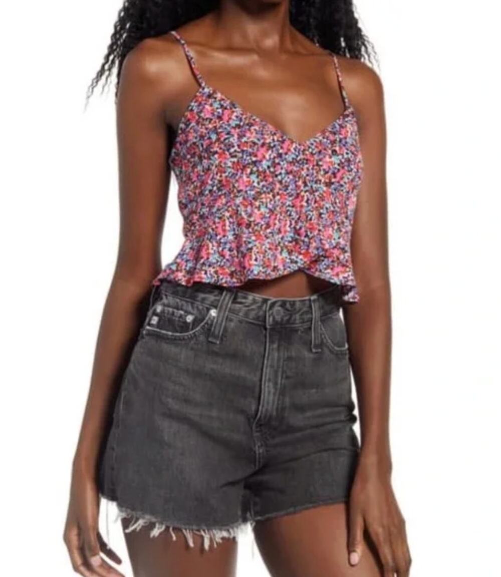 AFRM Top Womens XL Pink Floral Peplum Cami Crop Sleeveless Tank Retro Preppy